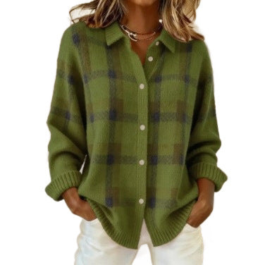 Damen Kariertes Strick-Hemdjacke-Cardigan mit Hemdkragen und gerippten Bündchen Chichicherry