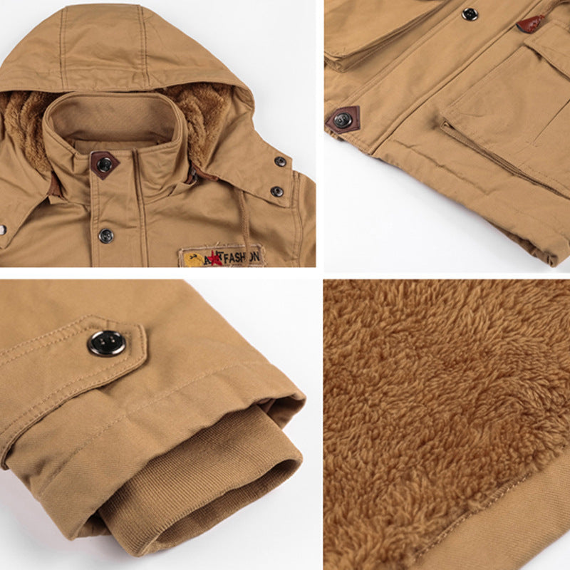 Men's windproof multifunctional field jacket made of canvas with warming teddy plush lining and adjustable drawstring hood