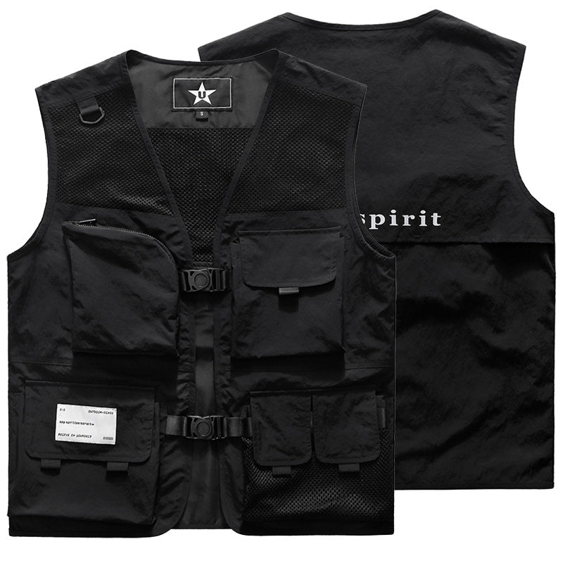 Men's multifunctional utility vest with mesh back, modular pocket arrangement, and click fasteners Chichicherry