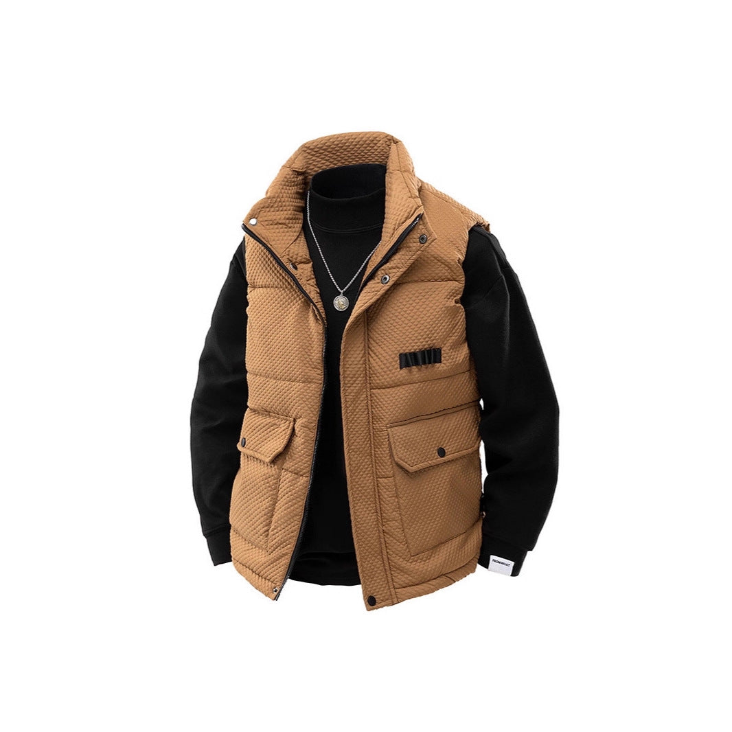 Men's Padded Quilted Vest with Utility Pockets and High Collar Chichicherry