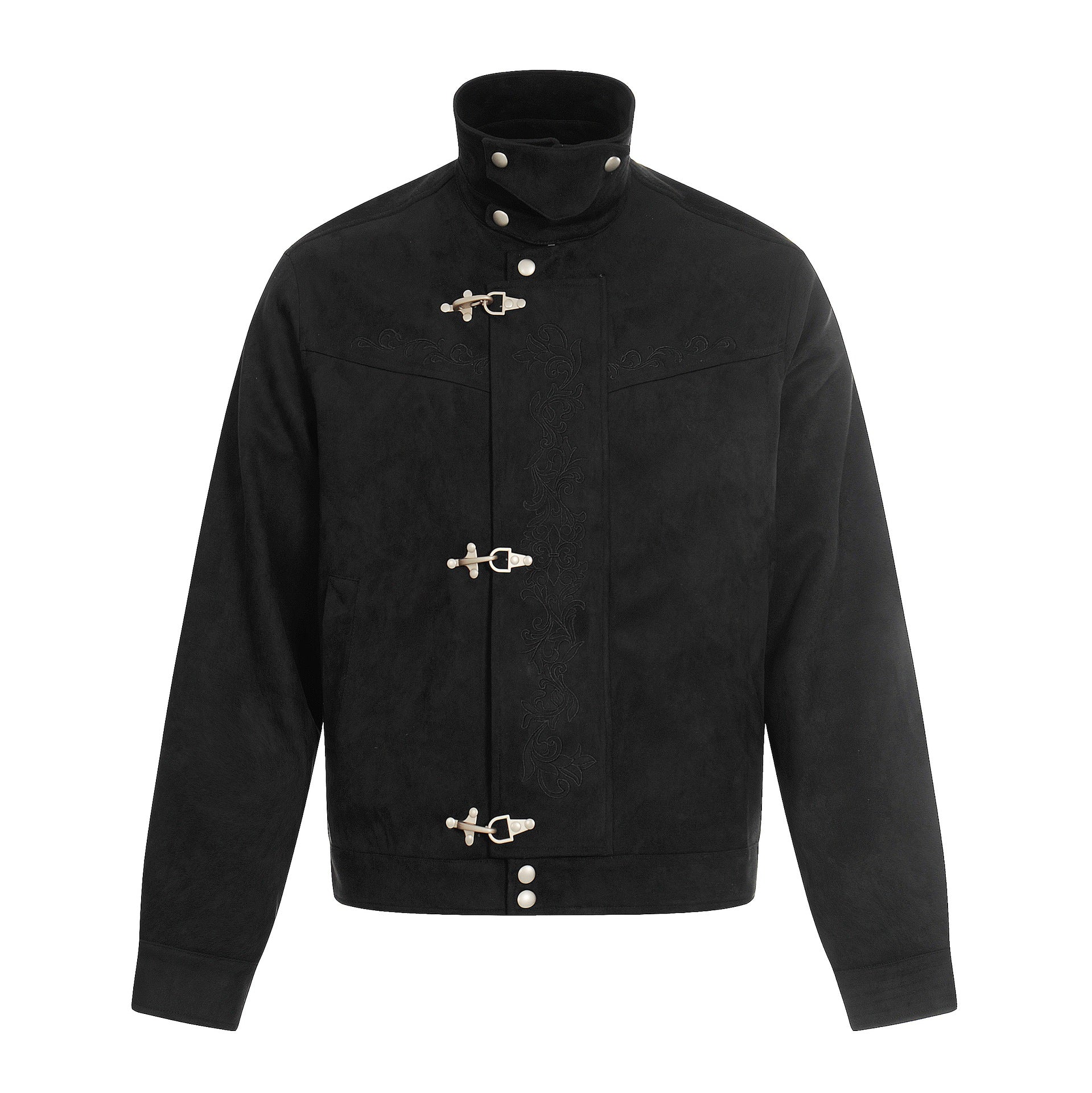 Men's short-cut suede leather blouson with stand-up collar, decorative embroidery, and toggle closure Chichicherry