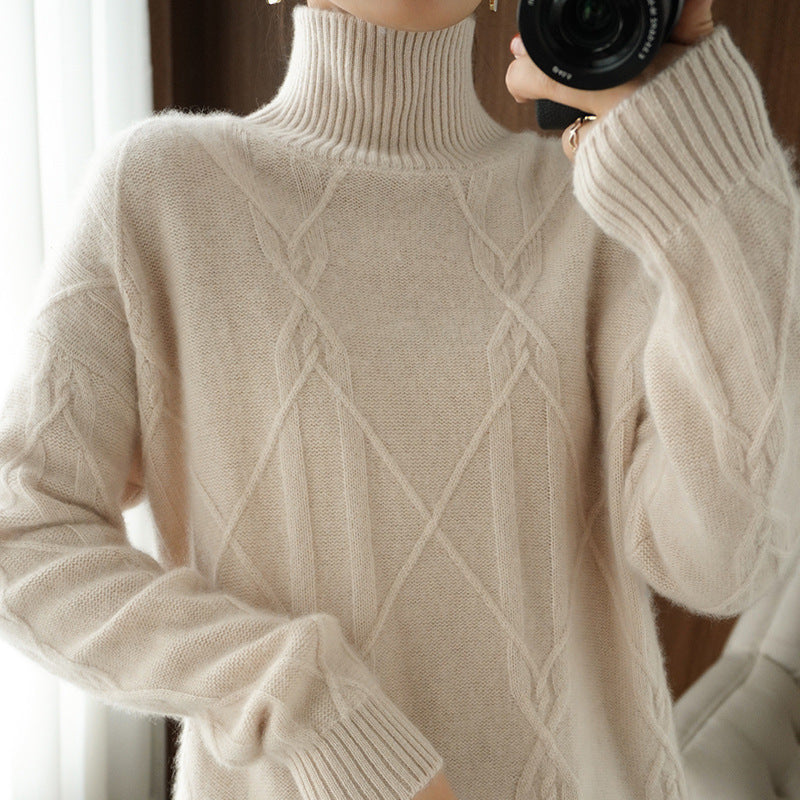 Women's Soft Mohair-Look Sweater with High Ribbed Collar, Cable Knit Pattern, and Boxy Oversized Fit Chichicherry