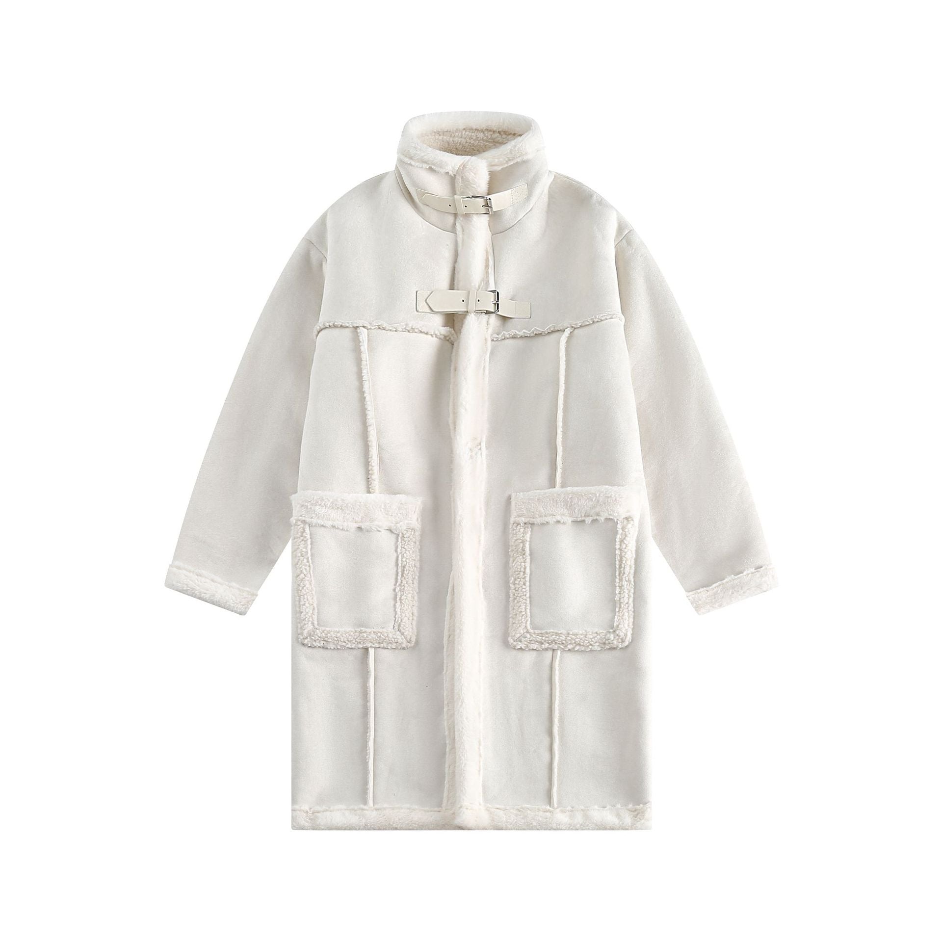 Women Long Oversize Sheepskin Imitation Coat with Stand-up Collar and Buckle Closure Chichicherry