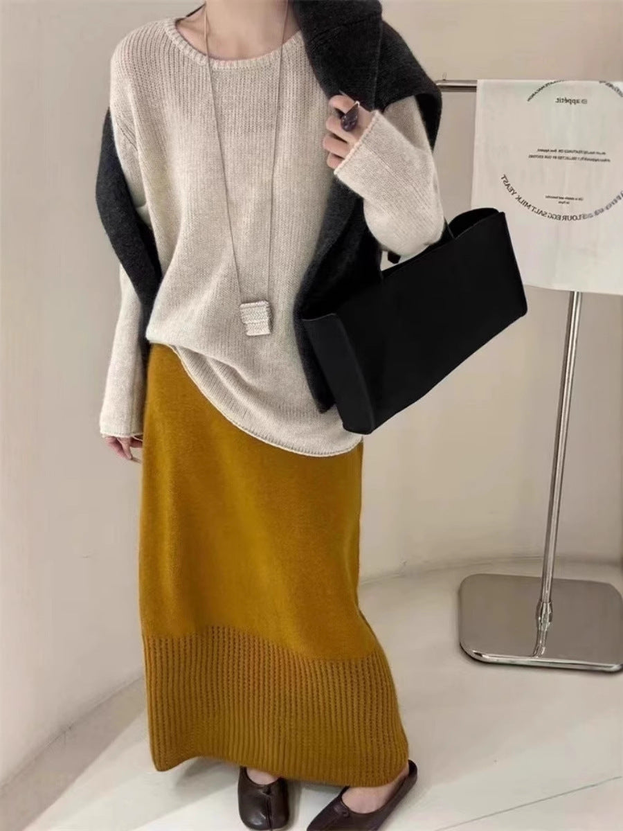 Women Light Oversized Fine Knit Sweater with Round Neck, Subtle Sheer Effect and Rounded Hem Chichicherry