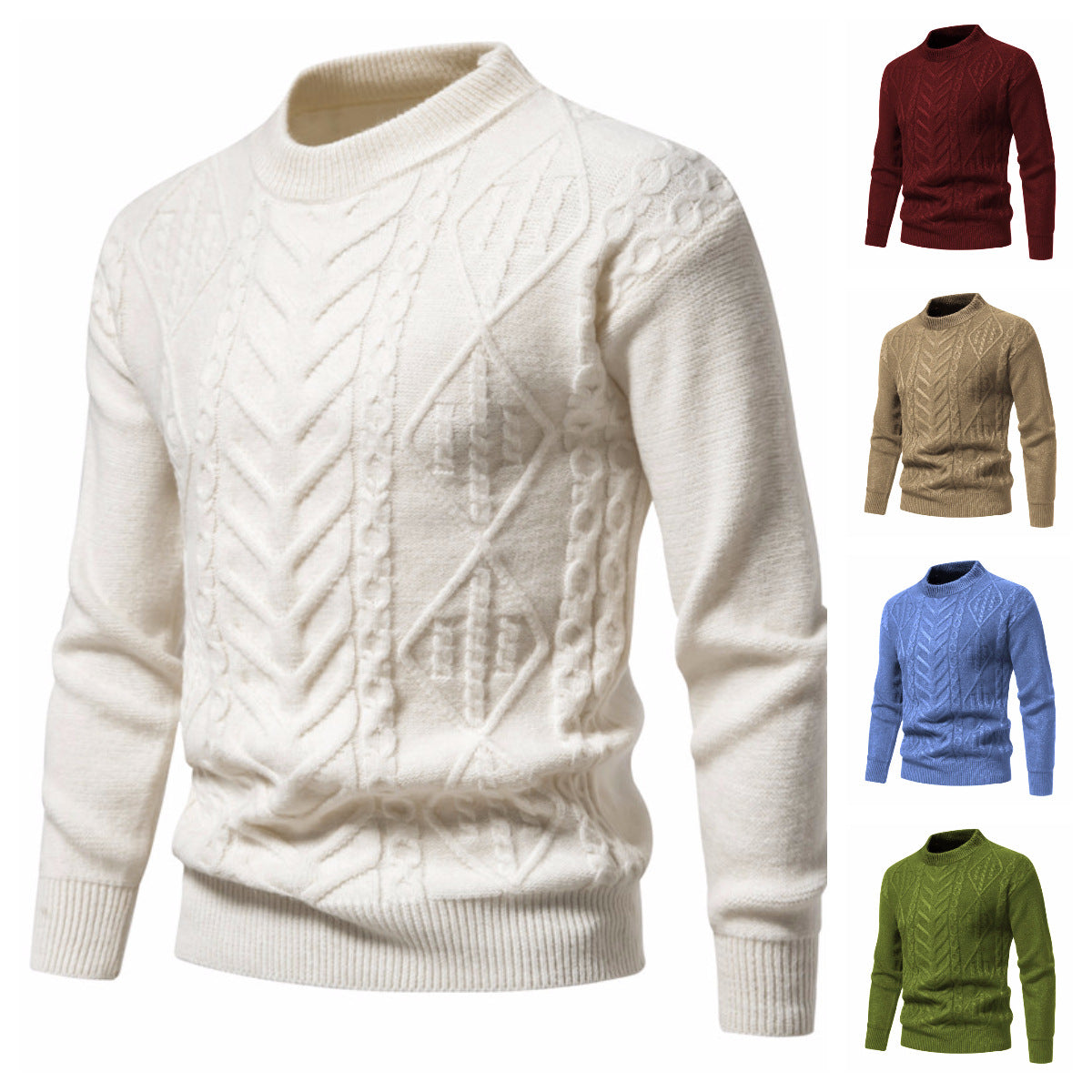 Men's Structured Mockneck Knitted Sweater with Cable and Chevron Pattern Chichicherry
