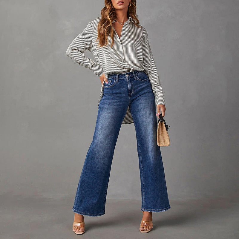 Women High-Waist Denim Flared Pants with Wide Leg and Light Vintage Wash Chichicherry