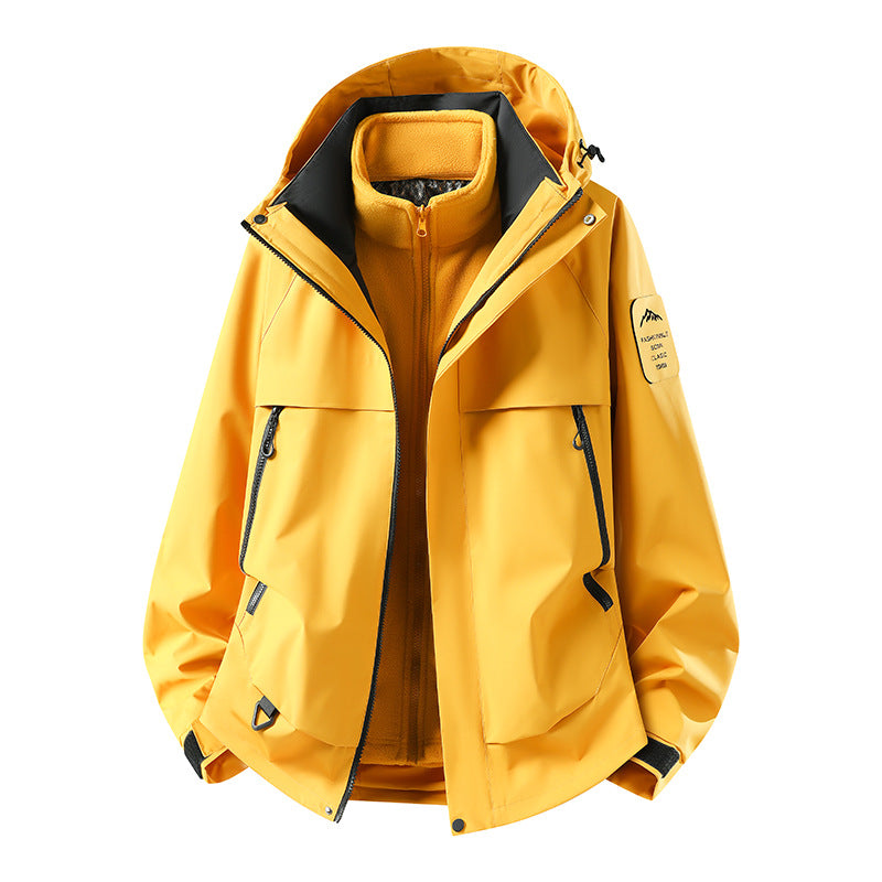 Men's modular waterproof outdoor jacket with removable fleece inner jacket, hood, and zippered pockets Chichicherry