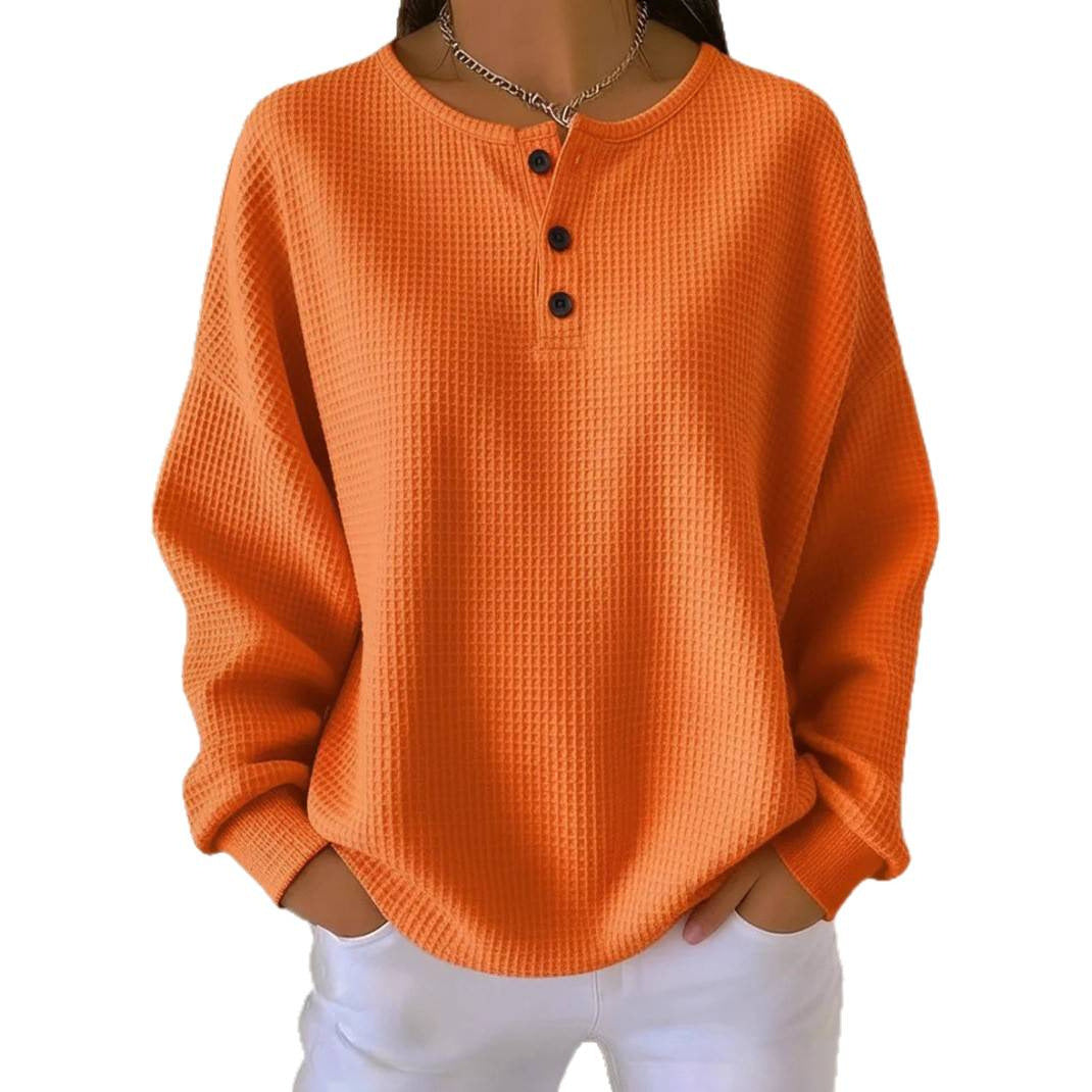 Women's waffle knit henley long sleeve with button placket and oversized fit Chichicherry