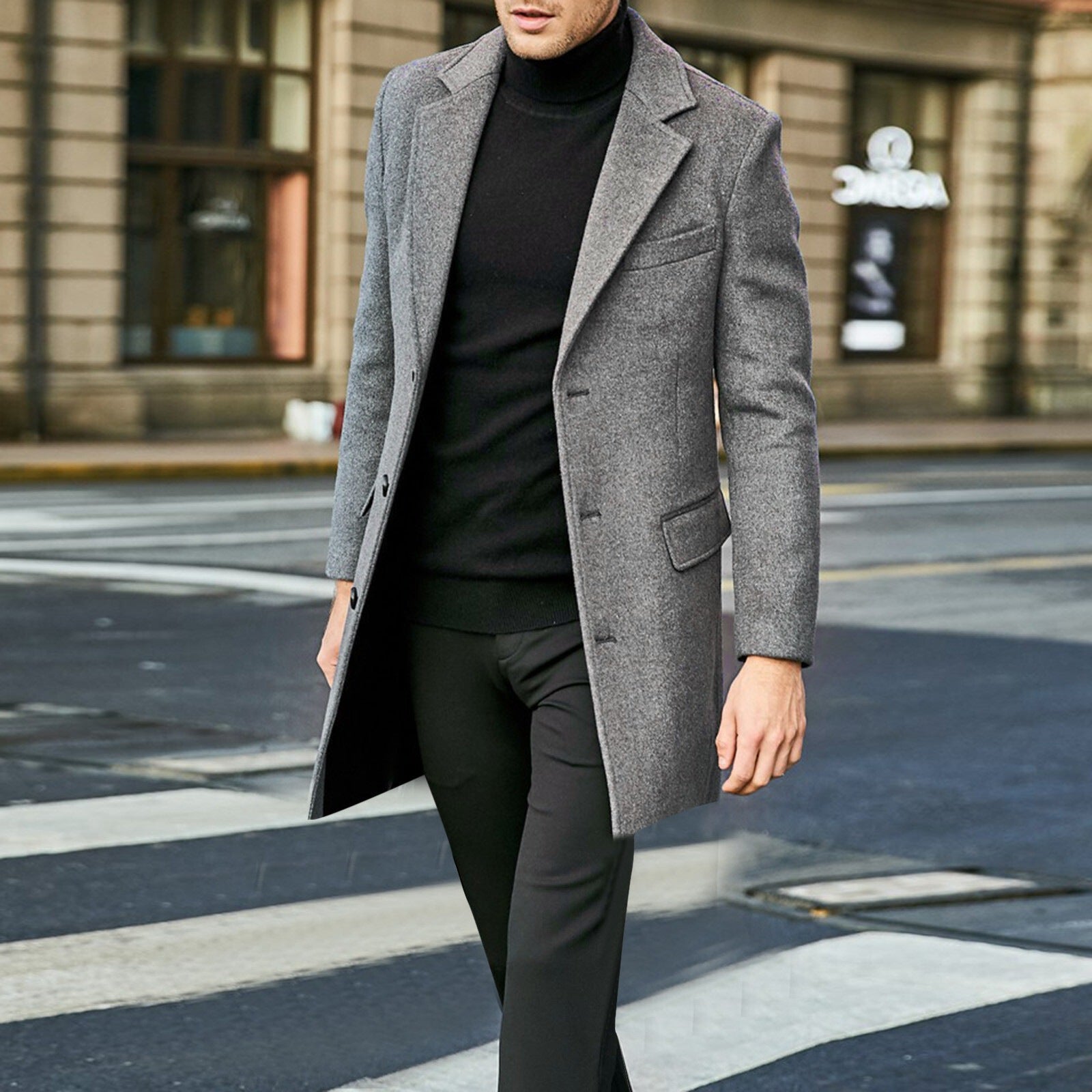 Men's Elegant Wool Coat with Tailored City Cut, Notch Lapels and Flap Pockets Chichicherry