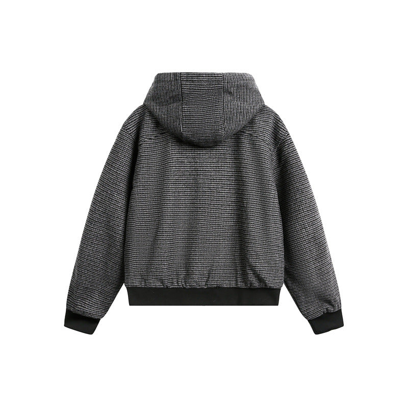 Unisex short-cut hooded blouson jacket in mixed structure with toggle closure and ribbed cuffs Chichicherry