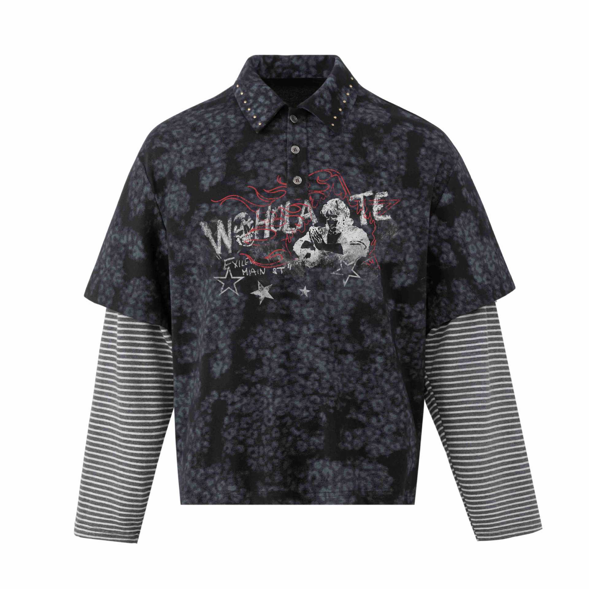 Men's layered look polo with studded collar and striped insert sleeves Chichicherry