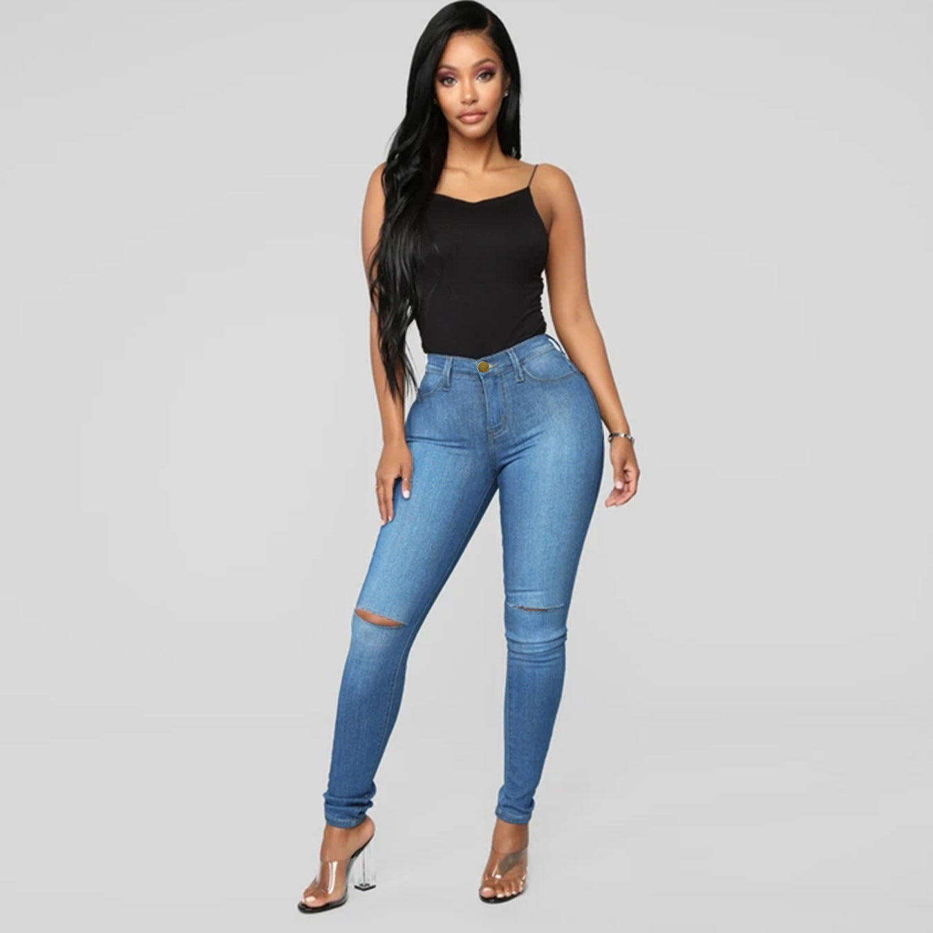 Women's High-Waist Skinny Jeans with Knee Rips and Figure-Flattering Cut Chichicherry