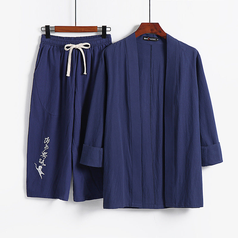 Women Kimono Set made of lightweight cotton blend open jacket with casually rolled sleeves and wide harem pants with drawstring Chichicherry