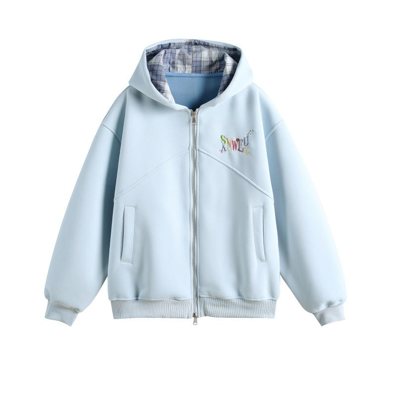 Women's hooded sweatshirt jacket in boxy cut with checked lined hood and subtle embroidery Chichicherry