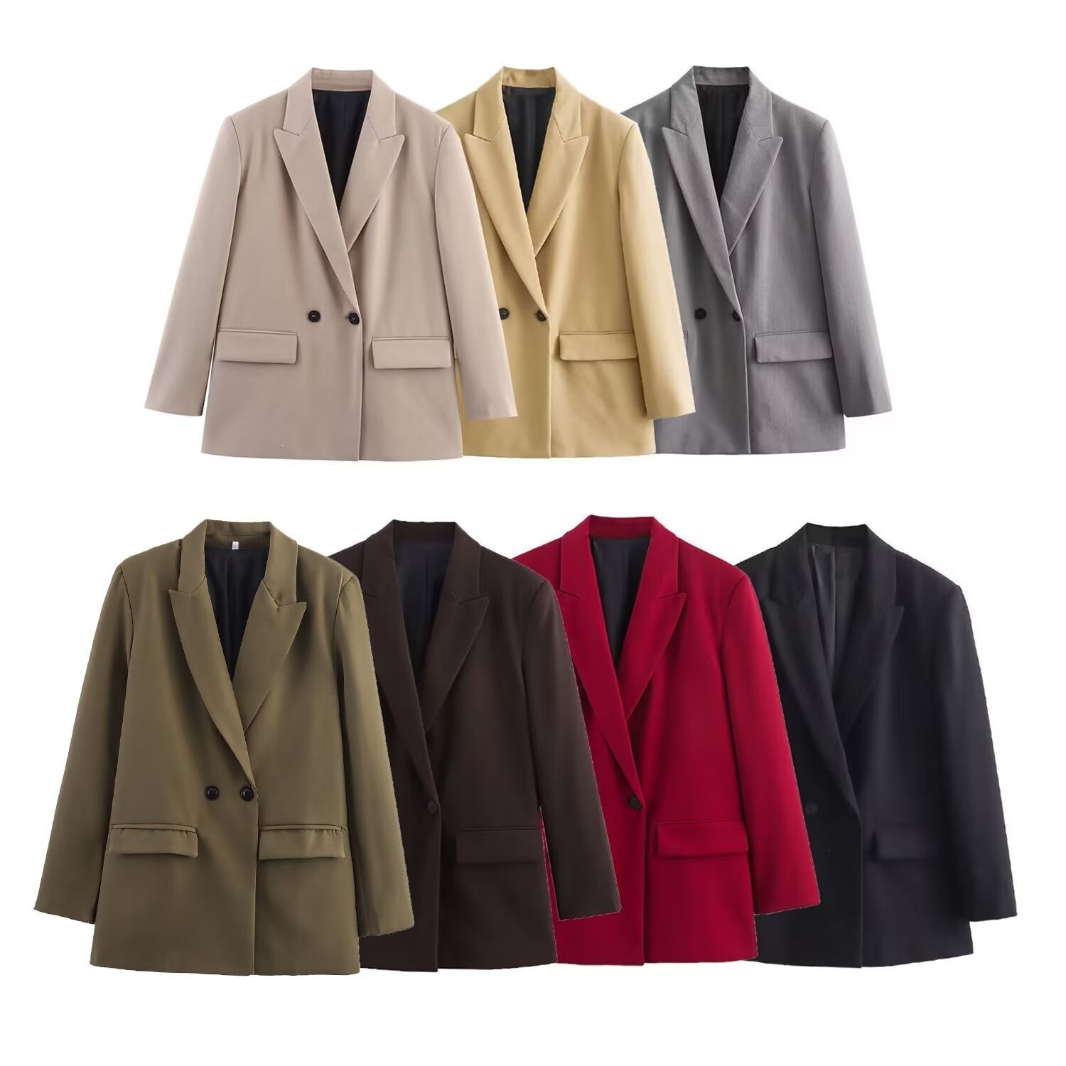 Women's Double-Breasted Blazer with Lapel Collar, Longer Oversized Cut and Flap Pockets Chichicherry