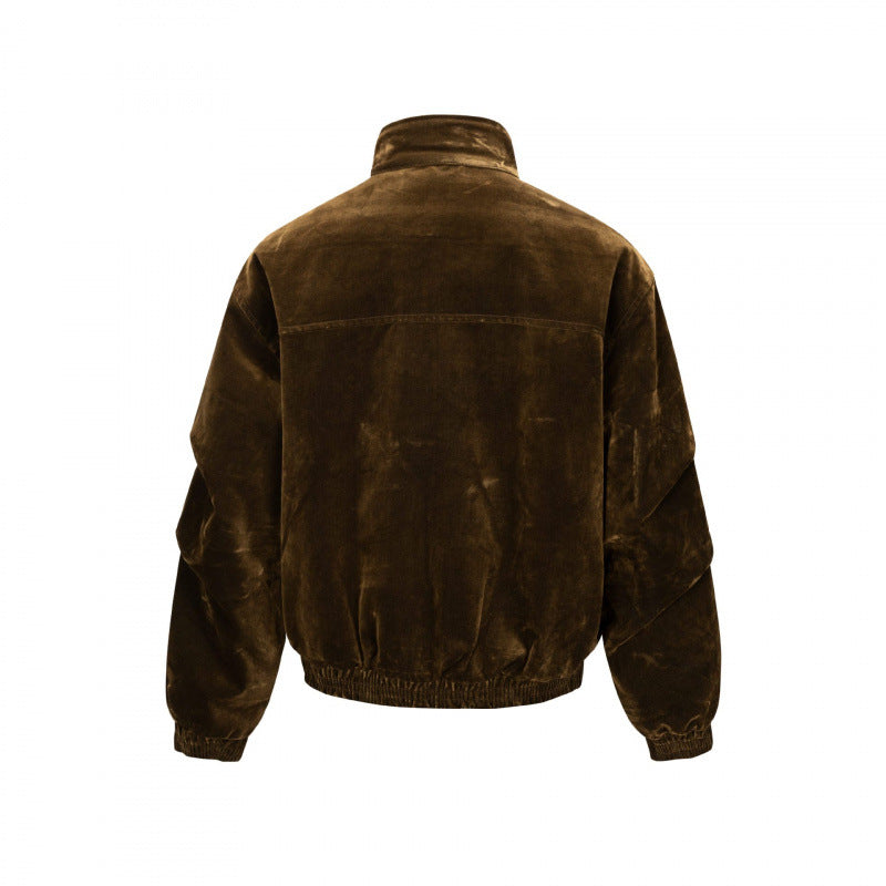 Men's velvet bomber jacket with stand collar, concealed snap button placket, and elastic hem Chichicherry