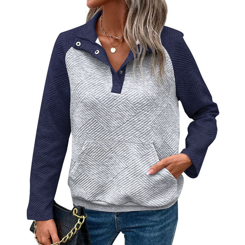 Women's quilted sweatshirt with Henley button placket, kangaroo pocket, and contrasting raglan sleeves Chichicherry