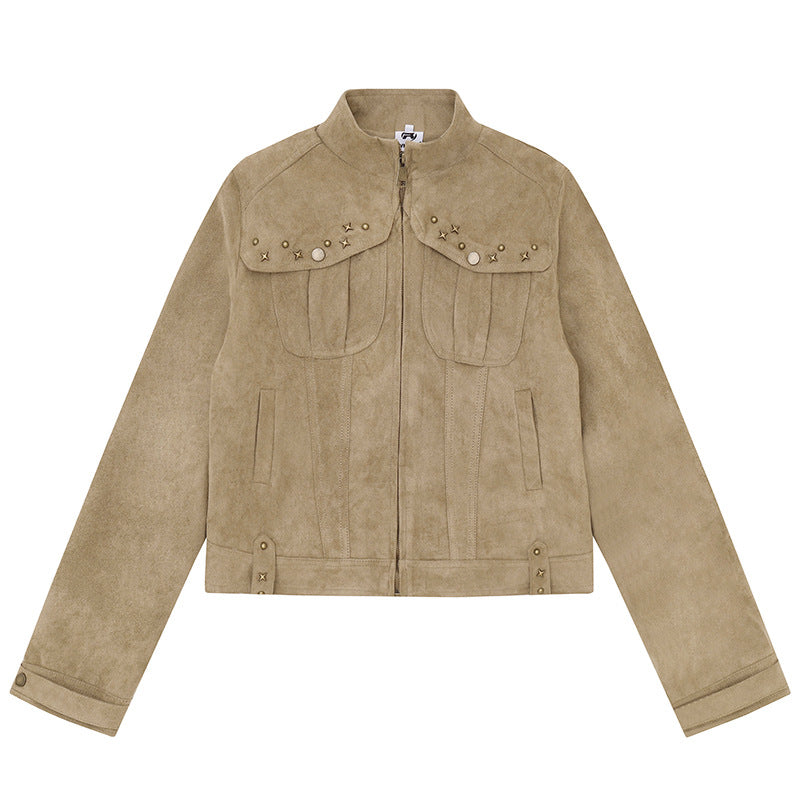 Women's short cut suede jacket with stand-up collar, decorative studs and flap pockets Chichicherry