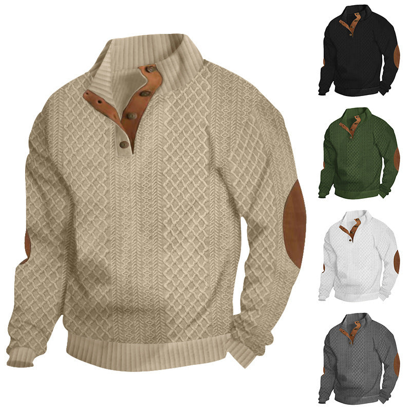 Men's Structured Aran Knit Sweater with Half Button Placket Collar and Leather Elbow Patches Chichicherry