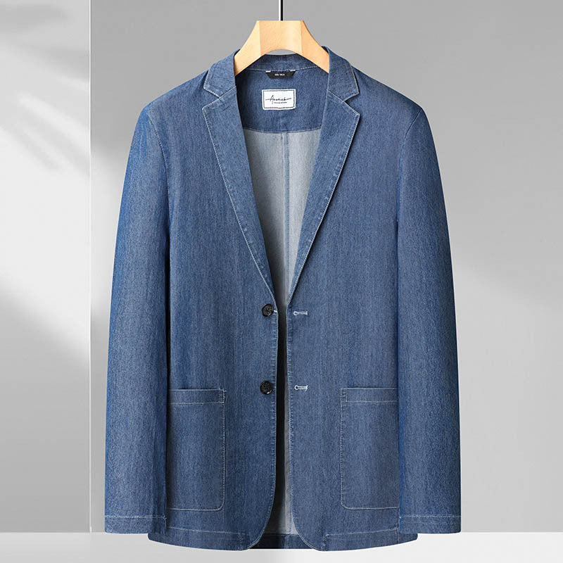 Men's Jeans Blazer in Casual-Elegant Style with Lapel Collar and Patch Pockets Chichicherry