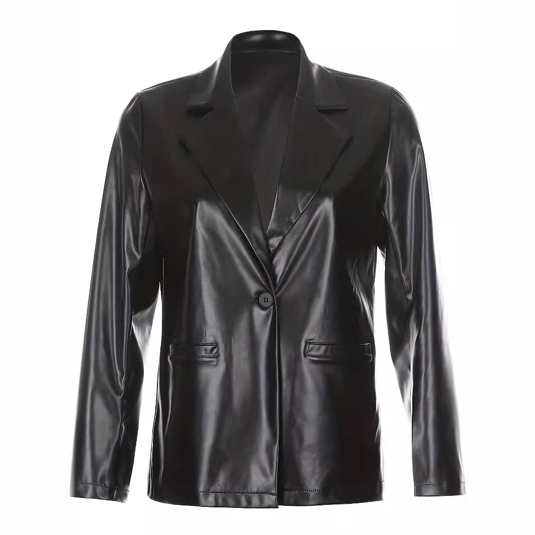Women's Oversized Leather Look Blazer with Emphasized Shoulder Section and Glossy Finish Chichicherry