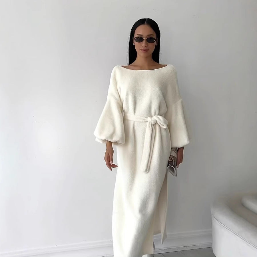 Damen Kuschel-Midikleid mit Bindegürtel und Ballonärmeln Chichicherry