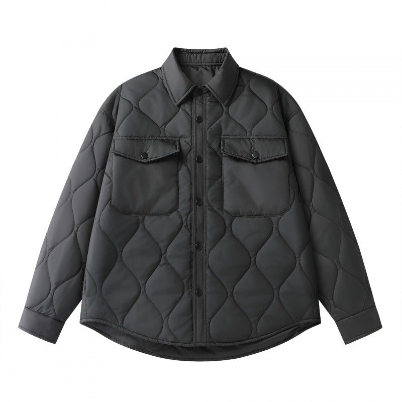 Unisex Padded Quilted Shirt Jacket with Flap Pockets and Curved Hem Chichicherry