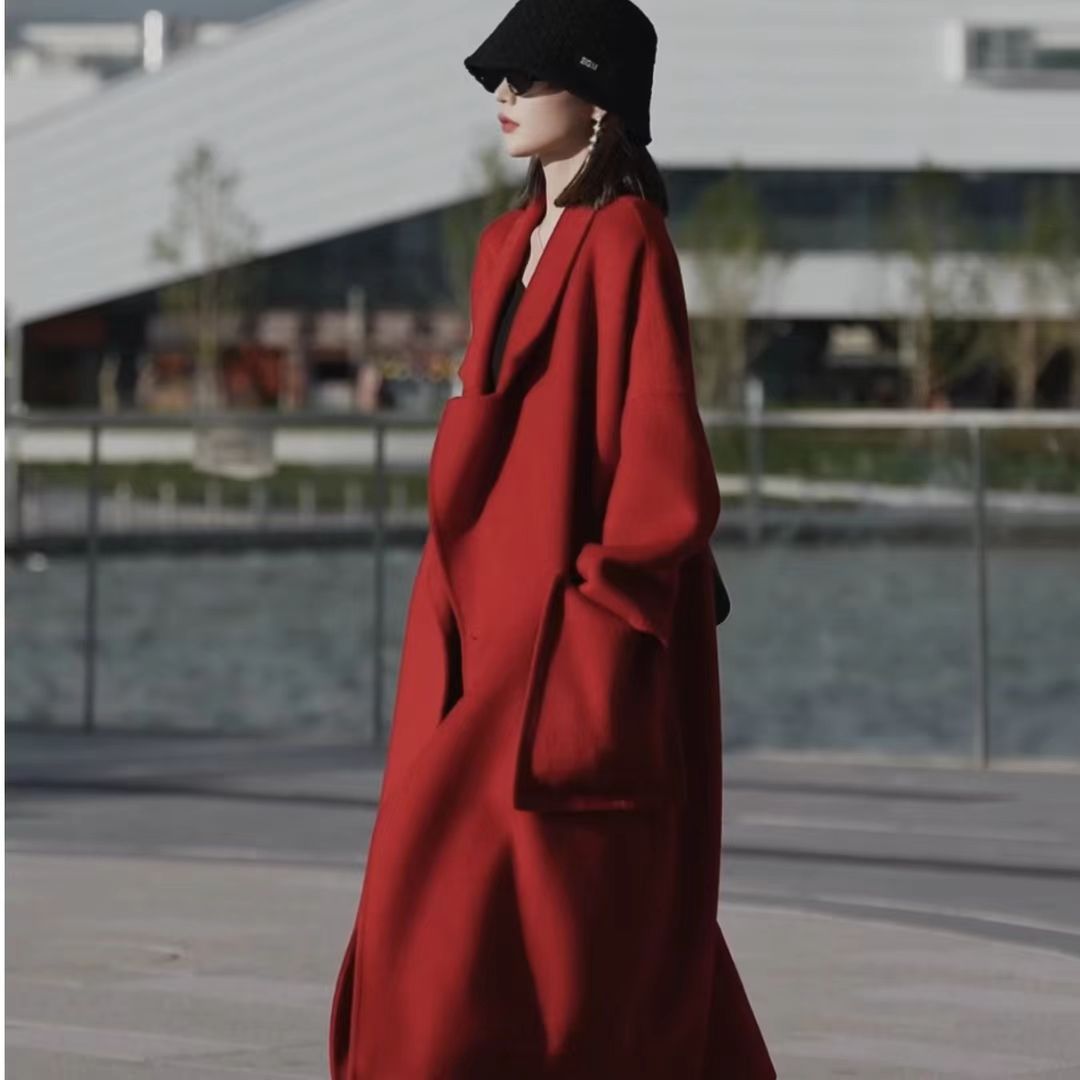 Women's Oversized Wool Blend Coat with Open Cut and Deep Inset Pockets Chichicherry