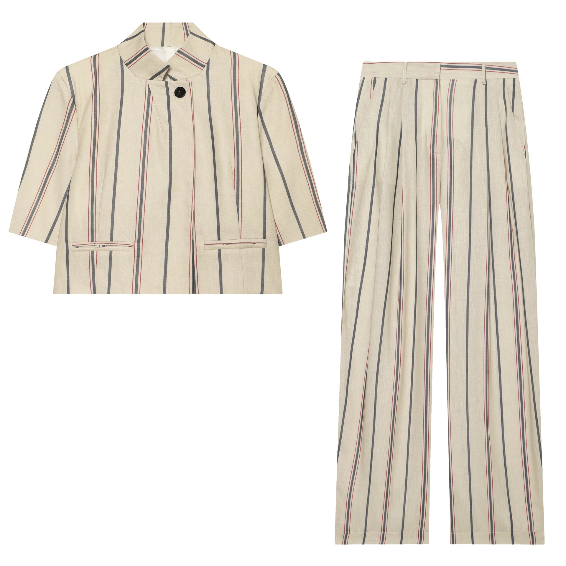 Women's loose linen trousers with pleats, high waistband and vertical stripes Chichicherry
