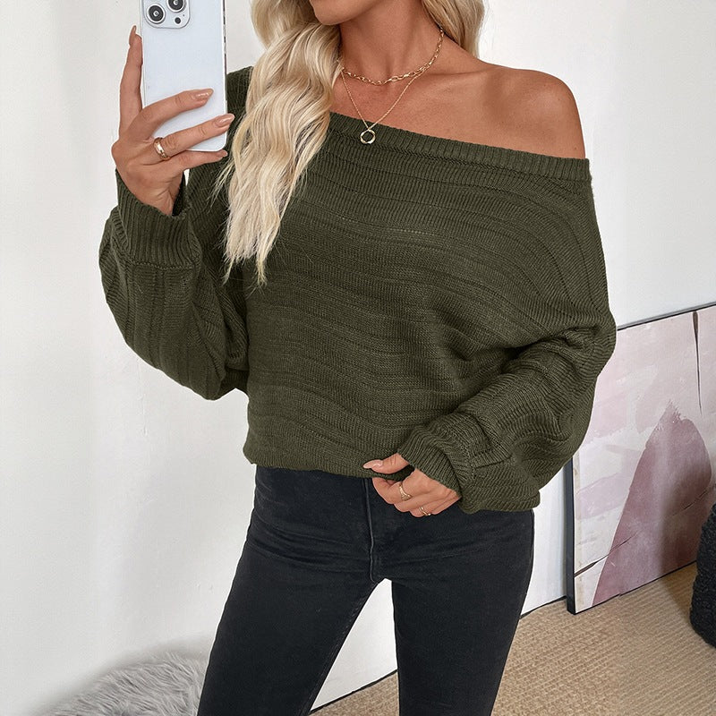 Women's Off-Shoulder Chunky Knit Sweater with Balloon Sleeves Chichicherry