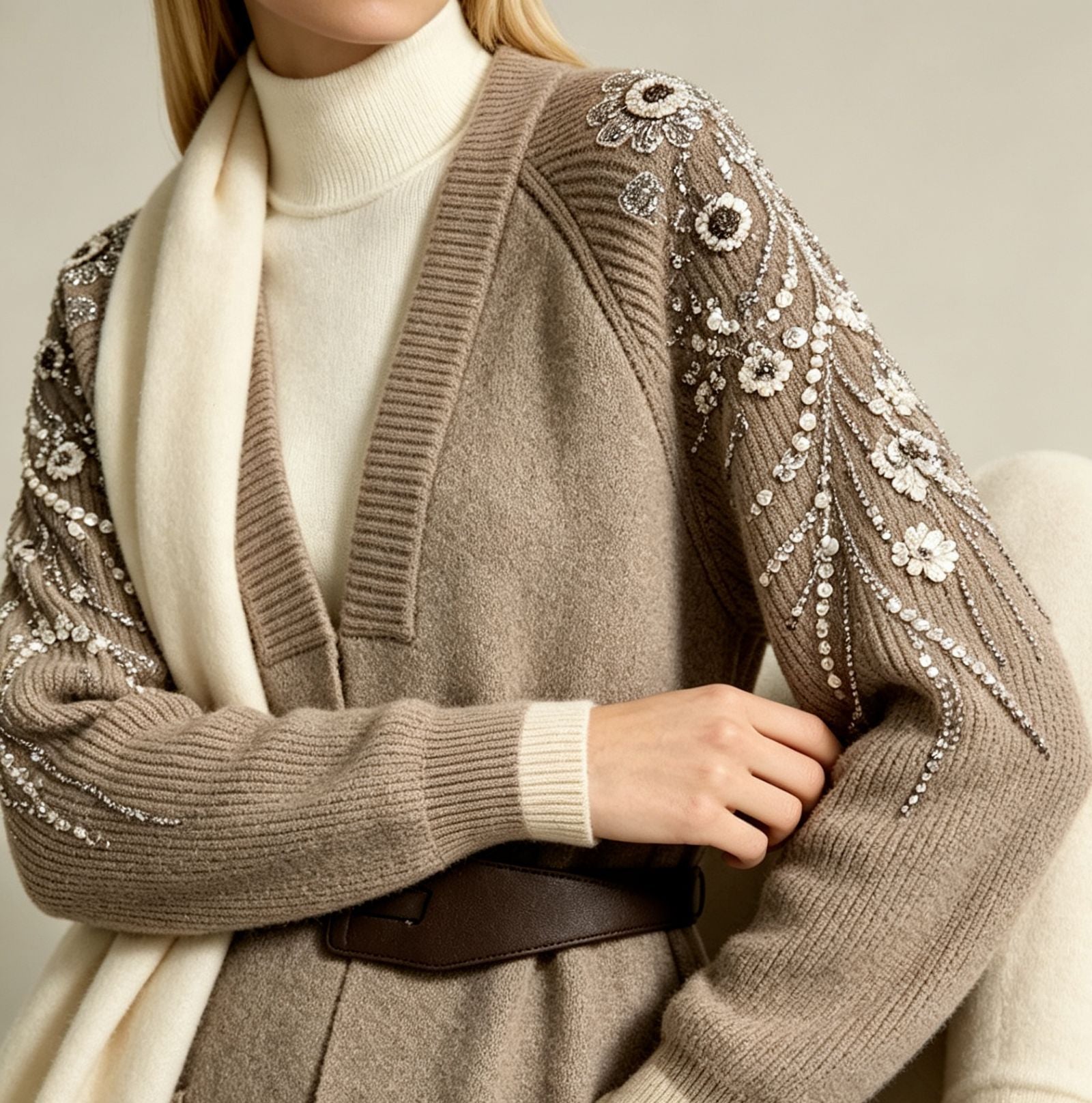 Women's Long Knitted Coat with Waist Belt and Embroidered Sleeves Chichicherry