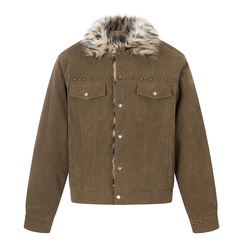 Men's suede trucker jacket with faux fur collar, stud embellishments and snap button closure Chichicherry