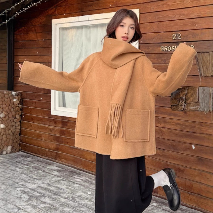 Women Oversize Wool Coat with Voluminous Shawl Collar and Fringes Chichicherry