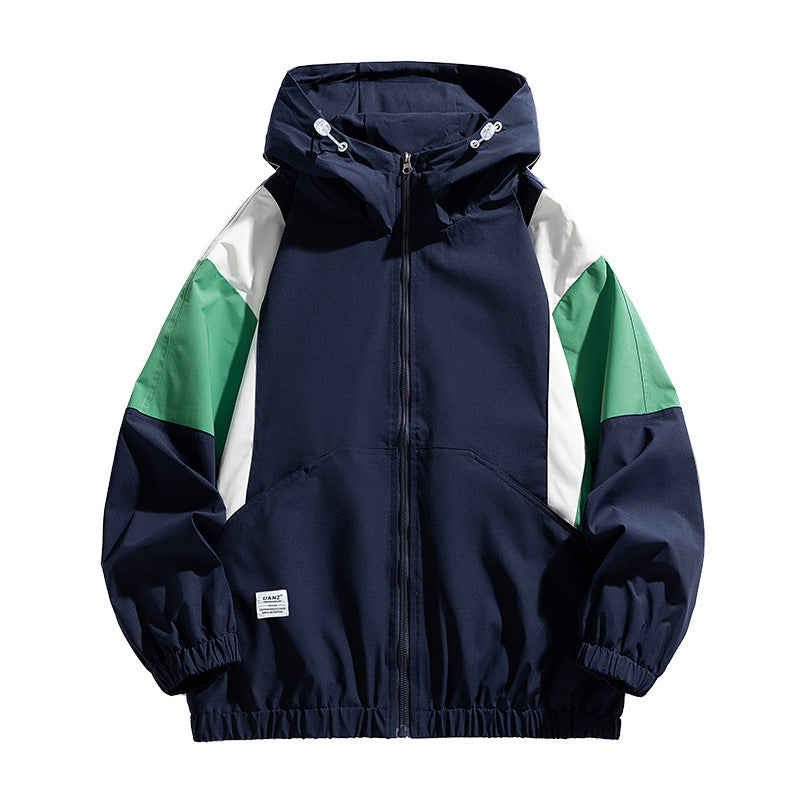 Men's lightweight color block windbreaker with hood, kangaroo pocket, and elastic hem Chichicherry