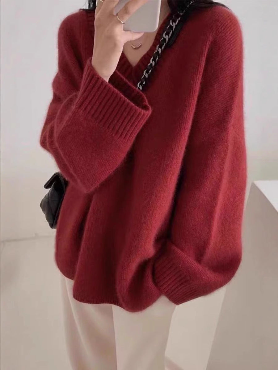 Women Oversized V-Neck Sweater in Mohair Look Chichicherry