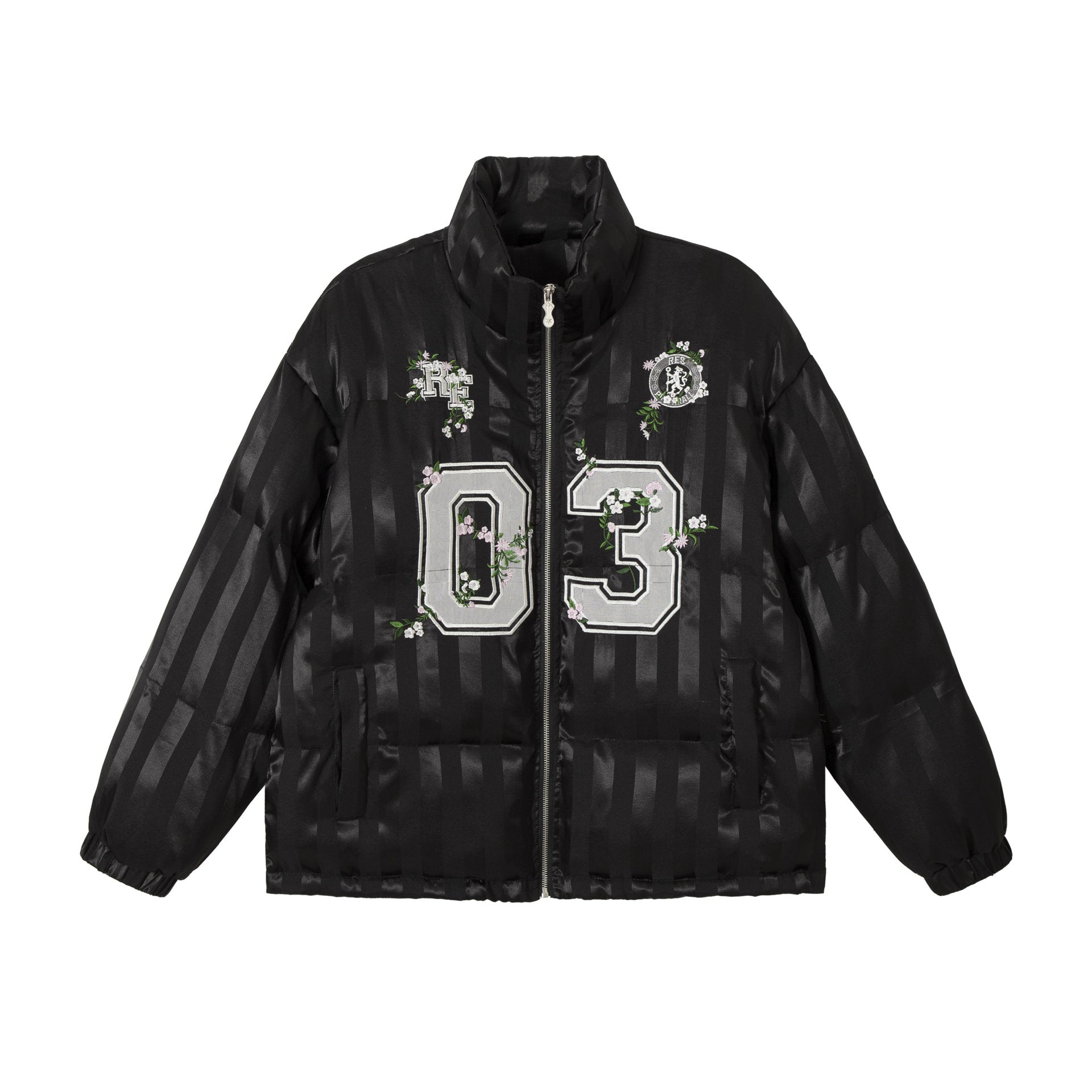Women's Boxy Quilted Satin Puffer Jacket with Floral Embroidery Detail Chichicherry
