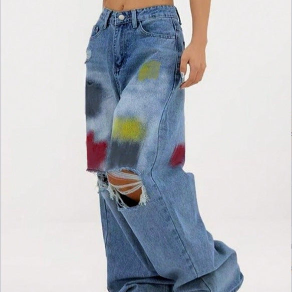Women's wide Denim jeans with paint splatter and distressed knees Chichicherry
