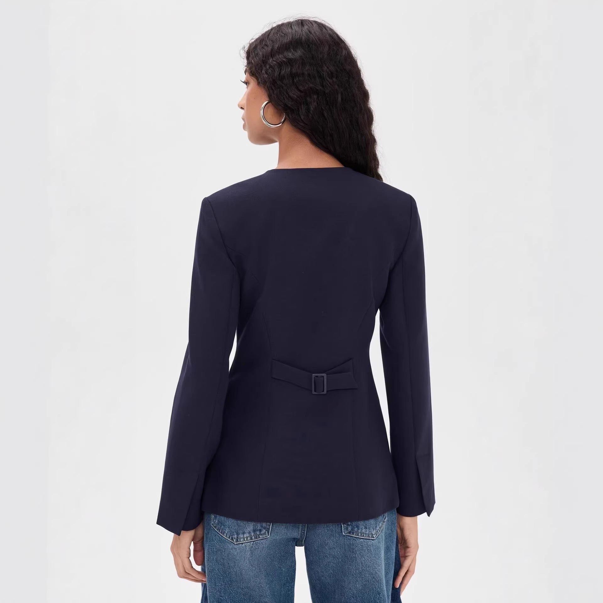 Women's Tailored Short Blazer with Round Neckline and Center Button Placket Chichicherry