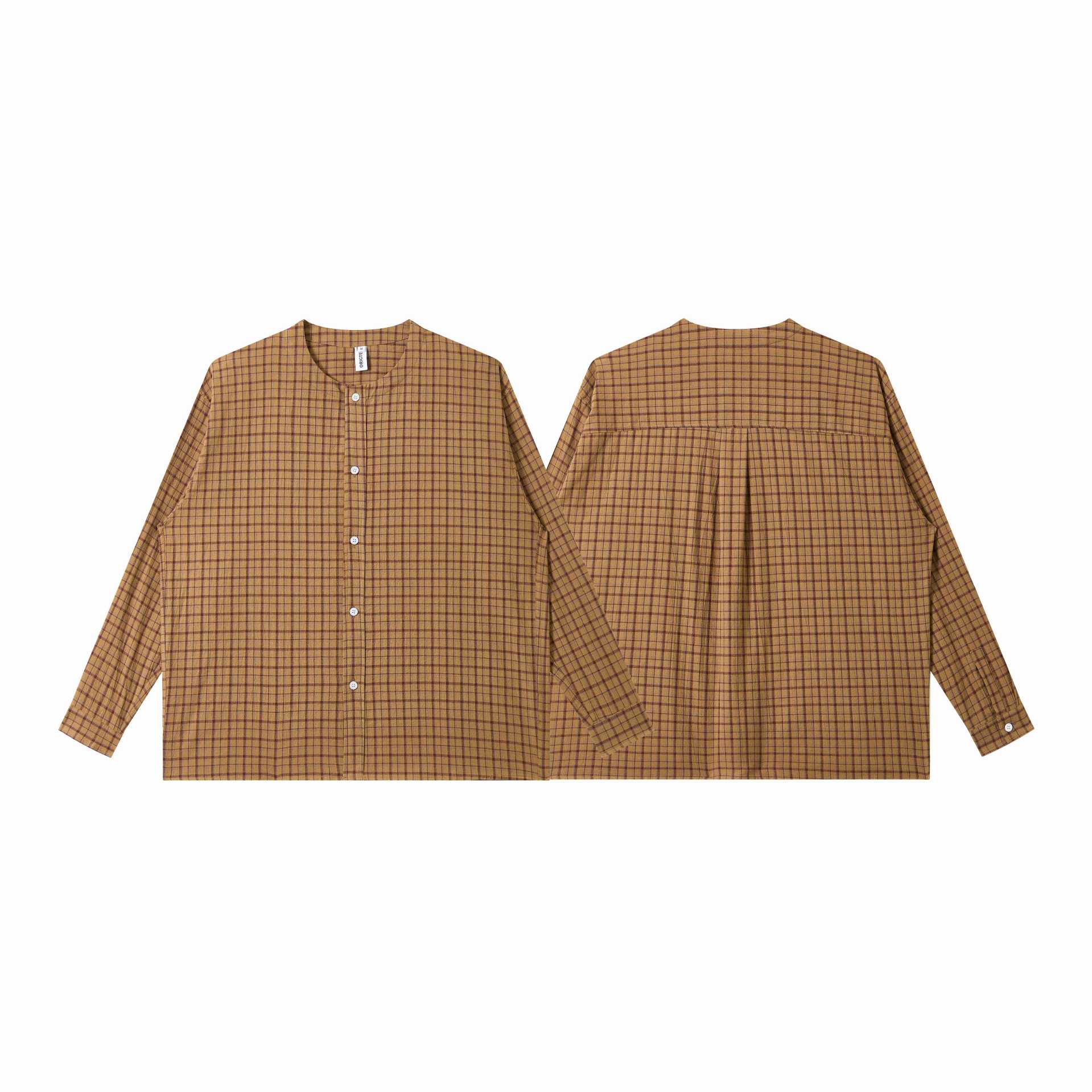 Ladies Oversize Shirt Jacket with Round Collar, Full Button Placket and Checkered Structured Fabric Chichicherry