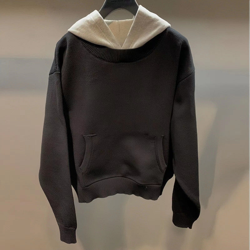 Unisex Grobgestricktes Lagenlook-Sweatshirt mit Kontrastkapuze und Kängurutasche Chichicherry