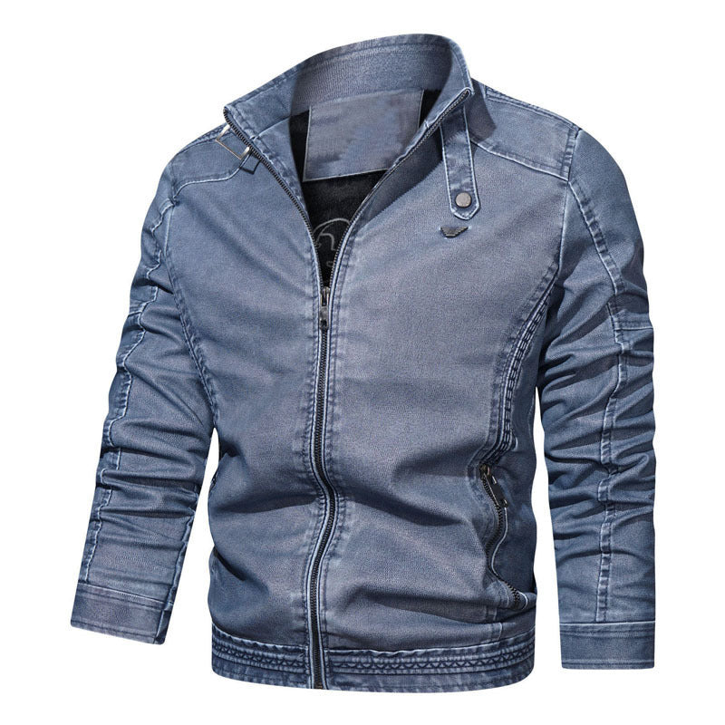 Men's tailored denim bomber jacket with stand-up collar and detailed sleeve stitching Chichicherry