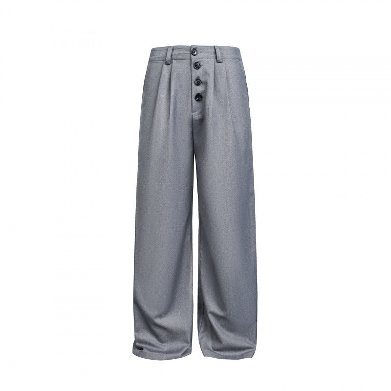 Women Wide Pleated Trousers with High Waist and Visible Button Placket Chichicherry