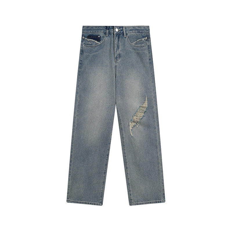 Women's Wide High-Cut Denim Jeans with Straight Leg and Destroyed Detail Chichicherry