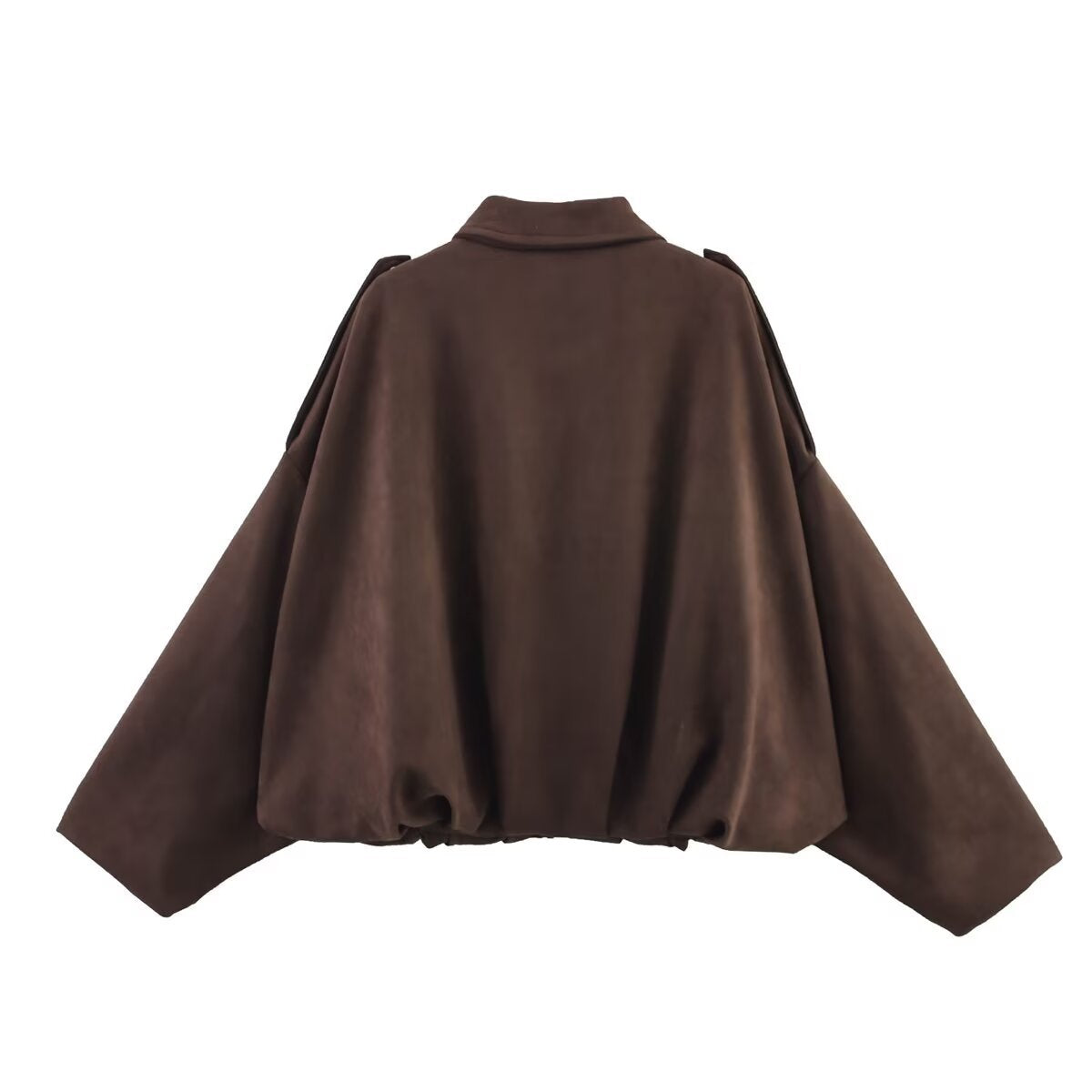 Women's short-cut bomber jacket in suede look with dropped shoulders, epaulettes, and elastic hem Chichicherry