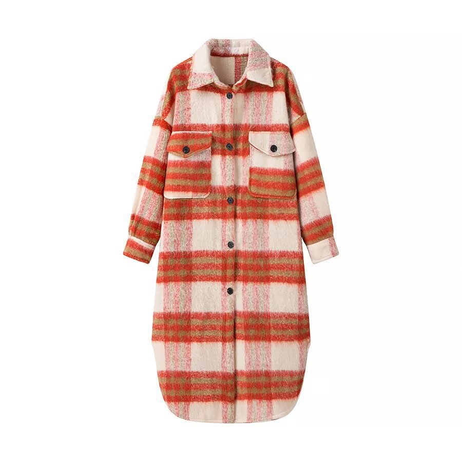 Women's Oversize Shirt Dress Coat made of Wool Blend with Check Pattern Chichicherry