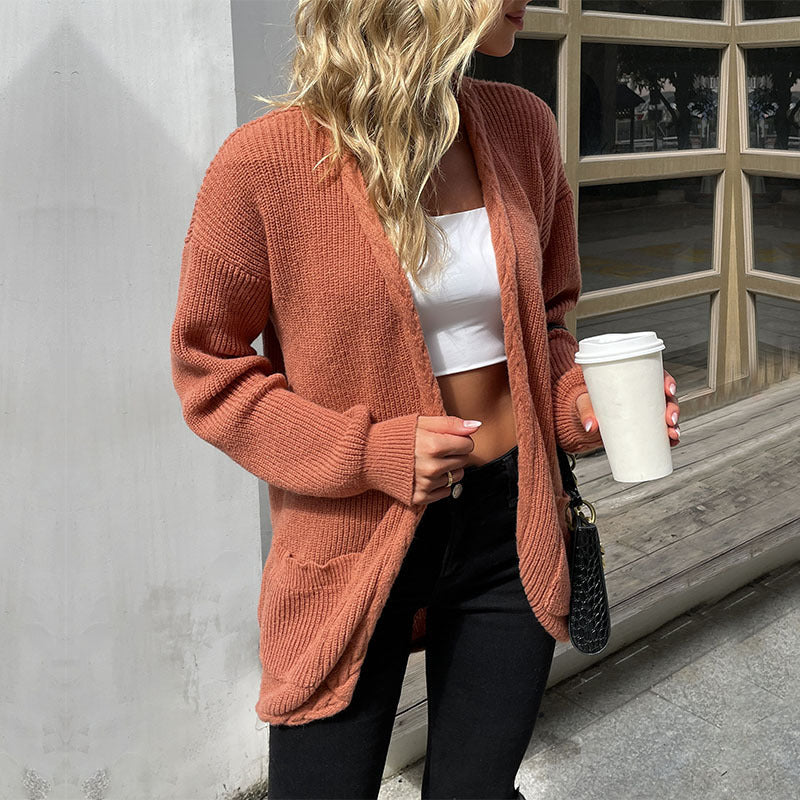 Women Long Open Cozy Cardigan made of Chunky Knit with Patch Pockets and Relaxed Fit Chichicherry