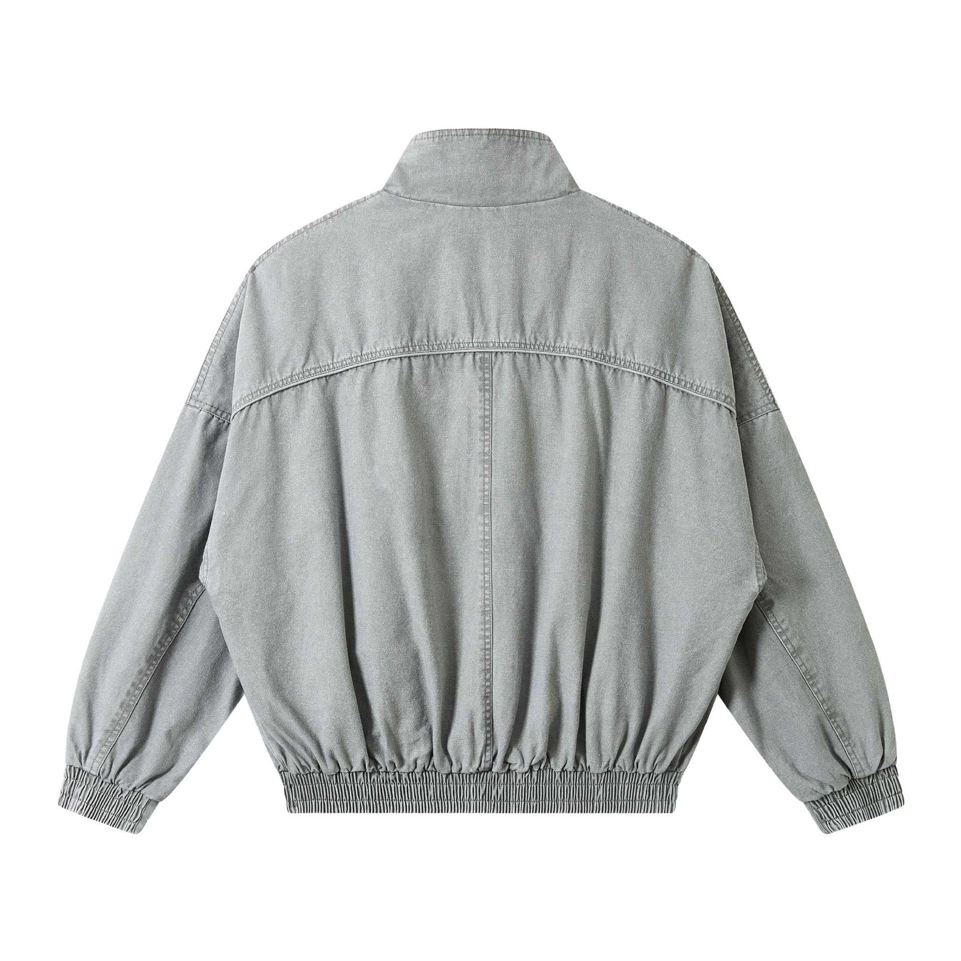 Unisex Short Cut Washed Canvas Utility Jacket with High Stand-Up Collar Chichicherry