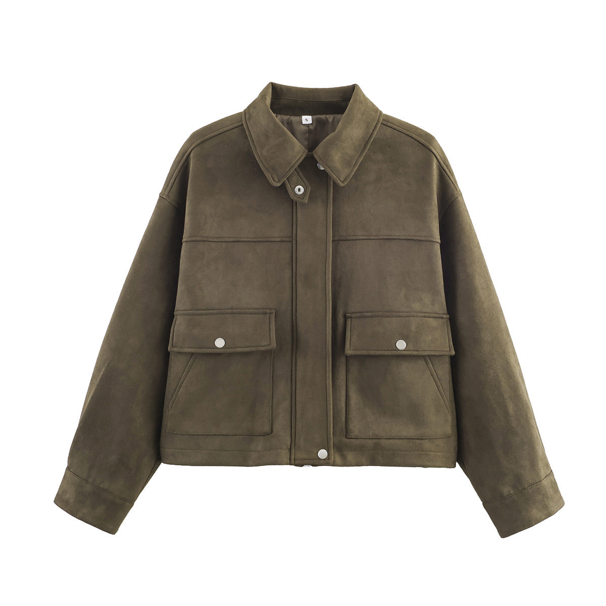 Women's Short Cut Suede Look Utility Jacket with Flap Pockets Chichicherry