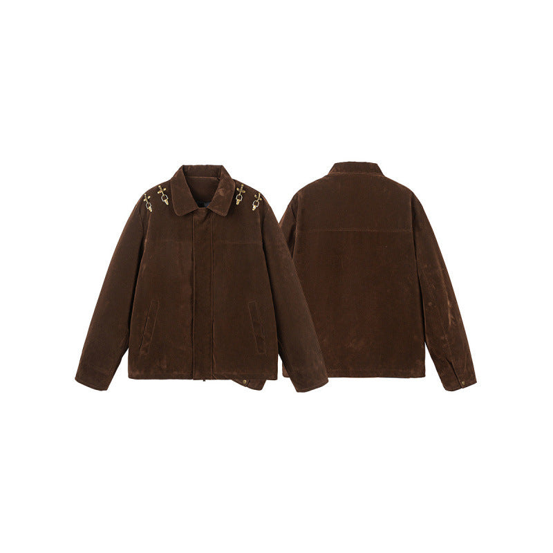 Men's short jacket made of suede look with decorative shoulder buckles and concealed zipper Chichicherry
