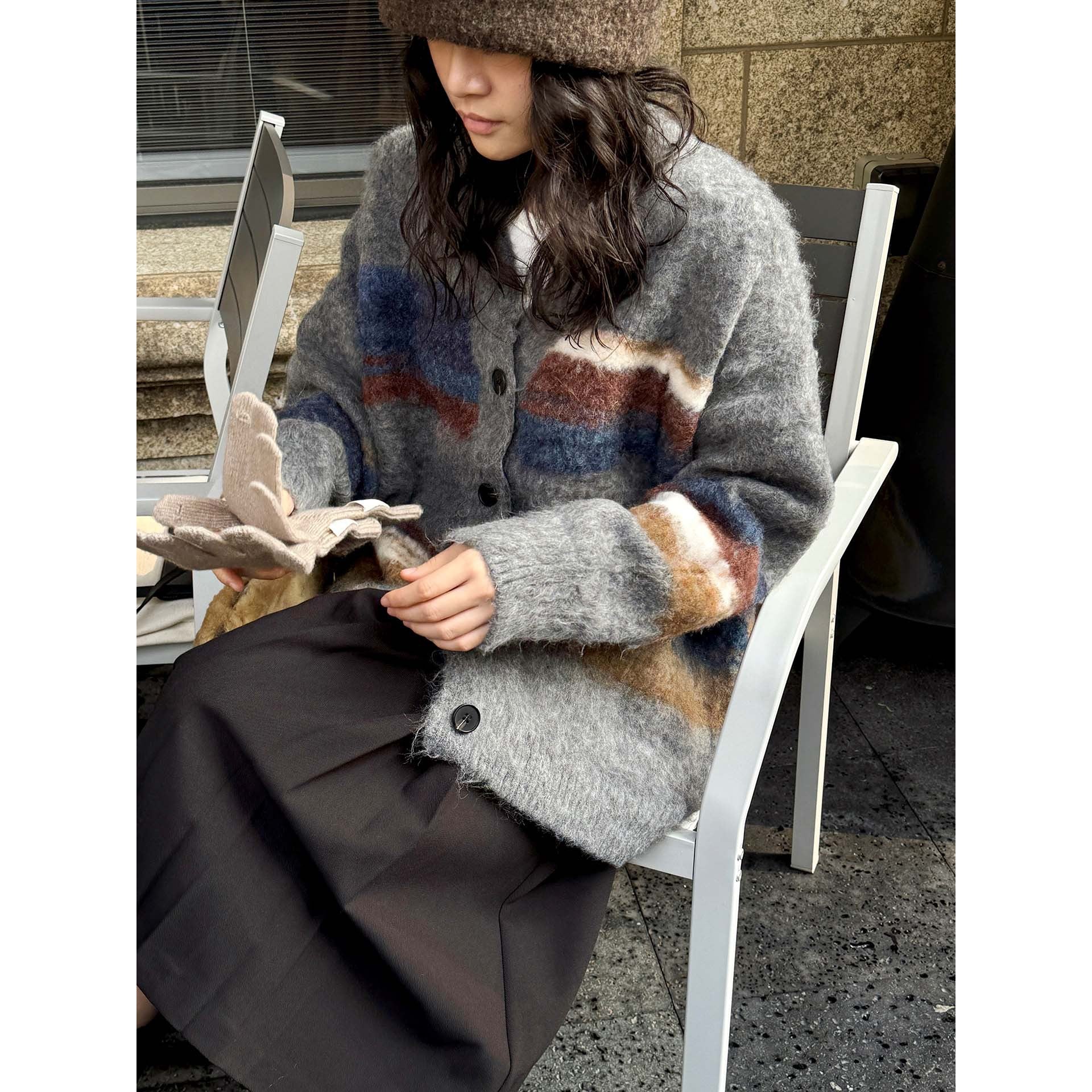 Women Cozy Mohair-Optics Checkered Button Cardigan with Oversize Silhouette Chichicherry